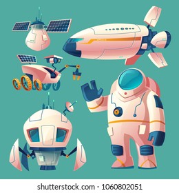 Vector Cartoon Clipart With Objects For Space Exploration, Astronaut In Spacesuit, Rover, Shuttle, Spaceship For Flights Across The Universe, Research Station With Solar Batteries. Futuristic Concept