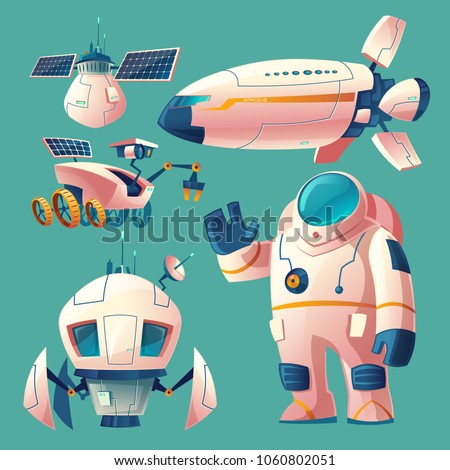 Vector cartoon clipart with objects for space exploration, astronaut in spacesuit, rover, shuttle, spaceship for flights across the universe, research station with solar batteries. Futuristic concept