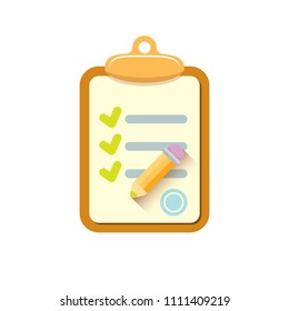 vector cartoon Clipboard icon with green checkmarks and orange pencil isolated on white background. Checklist vector flat style symbol. to do list