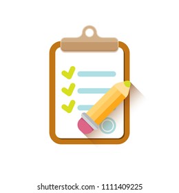 vector cartoon Clipboard icon with green checkmarks and orange pencil isolated on white background. Checklist vector flat style symbol. to do list