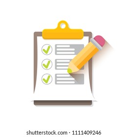 vector cartoon Clipboard icon with green checkmarks and orange pencil isolated on white background. Checklist vector flat style symbol. to do list