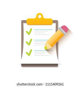 vector cartoon Clipboard icon with green checkmarks and orange pencil isolated on white background. Checklist vector flat style symbol. to do list