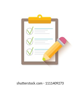 vector cartoon Clipboard icon with green checkmarks and orange pencil isolated on white background. Checklist vector flat style symbol. to do list