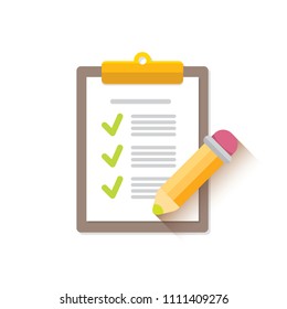 vector cartoon Clipboard icon with green checkmarks and orange pencil isolated on white background. Checklist vector flat style symbol. to do list