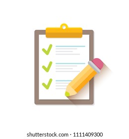 vector cartoon Clipboard icon with green checkmarks and orange pencil isolated on white background. Checklist vector flat style symbol. to do list