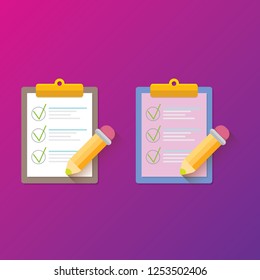 vector cartoon Clipboard icons set with green checkmarks and orange pencil isolated on pink background. Checklist vector flat style symbol collection. to do list