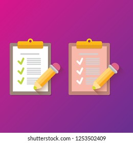 vector cartoon Clipboard icons set with green checkmarks and orange pencil isolated on pink background. Checklist vector flat style symbol collection. to do list