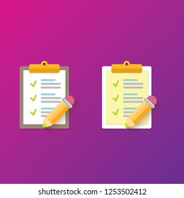 vector cartoon Clipboard icons set with green checkmarks and orange pencil isolated on pink background. Checklist vector flat style symbol collection. to do list