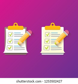 vector cartoon Clipboard icons set with green checkmarks and orange pencil isolated on pink background. Checklist vector flat style symbol collection. to do list