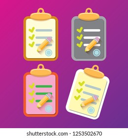 vector cartoon Clipboard icons set with green checkmarks and orange pencil isolated on pink background. Checklist vector flat style symbol collection. to do list