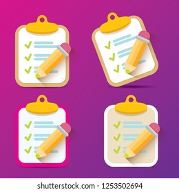 vector cartoon Clipboard icons set with green checkmarks and orange pencil isolated on pink background. Checklist vector flat style symbol collection. to do list