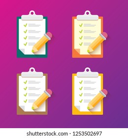 vector cartoon Clipboard icons set with green checkmarks and orange pencil isolated on pink background. Checklist vector flat style symbol collection. to do list