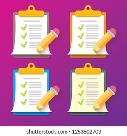 vector cartoon Clipboard icons set with green checkmarks and orange pencil isolated on pink background. Checklist vector flat style symbol collection. to do list