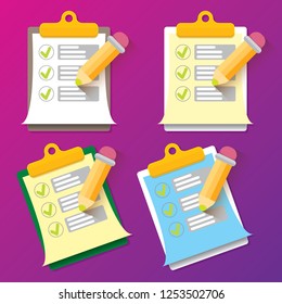 vector cartoon Clipboard icons set with green checkmarks and orange pencil isolated on pink background. Checklist vector flat style symbol collection. to do list