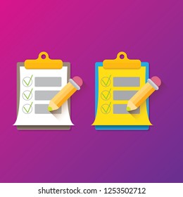 vector cartoon Clipboard icons set with green checkmarks and orange pencil isolated on pink background. Checklist vector flat style symbol collection. to do list