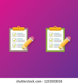 vector cartoon Clipboard icons set with green checkmarks and orange pencil isolated on pink background. Checklist vector flat style symbol collection. to do list