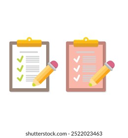 vector cartoon Clipboard icons set with green checkmarks and orange pencil isolated on transparent background. Checklist vector flat style symbol collection. to do list logo