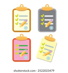 ícones de área de transferência de desenhos animados vetoriais definidos com marcas de seleção verdes e lápis de laranja isolados no plano de fundo transparente. Coleção de símbolos de estilo plano de vetor da lista de verificação. para fazer o logotipo da lista
