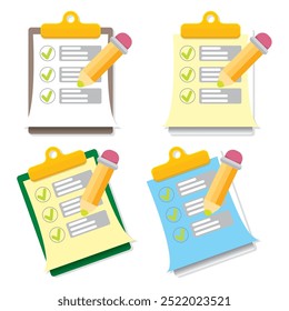 vector cartoon Clipboard icons set with green checkmarks and orange pencil isolated on transparent background. Checklist vector flat style symbol collection. to do list logo