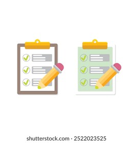 vector cartoon Clipboard icons set with green checkmarks and orange pencil isolated on transparent background. Checklist vector flat style symbol collection. to do list logo