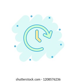 Vector cartoon clock time icon in comic style. Timer 24 hours sign illustration pictogram. Clockwise business splash effect concept.