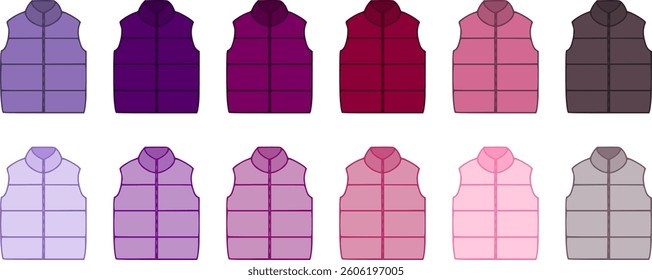 Vector cartoon clothes of winter sleeveless jackets. 