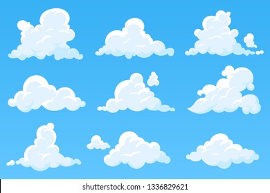 Vector cartoon clouds isolated on blue sky. Set of white cumulus clouds. Cloudy heaven background. Illustration for your design. Eps 10.