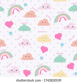 vector cartoon clouds with rainbow and balloons seamless pattern on light blue polka dot background ,Illustration, printing and use for children