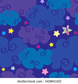 Vector cartoon clouds and stars nighttime seamless pattern