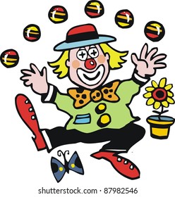 Vector cartoon of clown juggling balls.