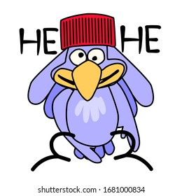 Vector cartoon cockatoo fooling around with cap. Parrot goes crazy with a toy on a white background. Beautiful merry bird laughing. Designation of laughter "HE HE" Sticker with cockatoo.