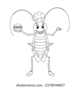 Vector cartoon cockroach with a hamburger in a plate, wearing a chef's hat on a white background. Children's coloring book. Doodle style.