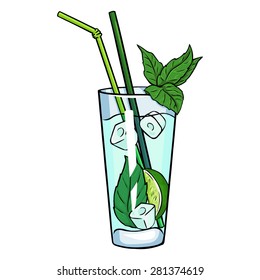 Vector Cartoon Cocktail Mojito with Mint Leaves and Straws.