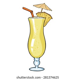 Vector Cartoon Cocktail Pinot Colada with Pineapple, Umbrella and Straw.