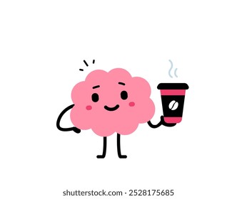 Vector cartoon coffee break illustration of cute happy brain hold coffee cup on white color background. Flat doodle style design of smile brain character drink hot beverage for web, site, banner, card