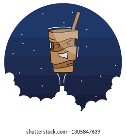 Vector cartoon coffee container wanting to fly into the space at night