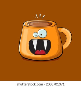 Vector cartoon coffee cup character with smiling faces isolated on brown background. Funky Kawaii orange coffee mug character. Good morning concept illustration 