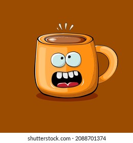 Vector cartoon coffee cup character with smiling faces isolated on brown background. Funky Kawaii orange coffee mug character. Good morning concept illustration 