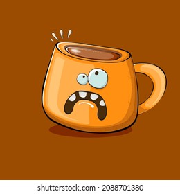 Vector cartoon coffee cup character with smiling faces isolated on brown background. Funky Kawaii orange coffee mug character. Good morning concept illustration 