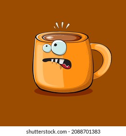 Vector cartoon coffee cup character with smiling faces isolated on brown background. Funky Kawaii orange coffee mug character. Good morning concept illustration 