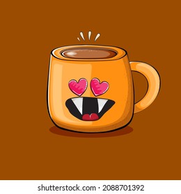 Vector cartoon coffee cup character with smiling faces isolated on brown background. Funky Kawaii orange coffee mug character. Good morning concept illustration 