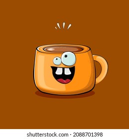 Vector cartoon coffee cup character with smiling faces isolated on brown background. Funky Kawaii orange coffee mug character. Good morning concept illustration 