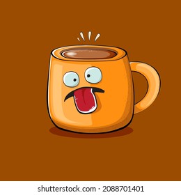 Vector cartoon coffee cup character with smiling faces isolated on brown background. Funky Kawaii orange coffee mug character. Good morning concept illustration 