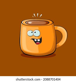 Vector cartoon coffee cup character with smiling faces isolated on brown background. Funky Kawaii orange coffee mug character. Good morning concept illustration 