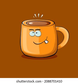 Vector cartoon coffee cup character with smiling faces isolated on brown background. Funky Kawaii orange coffee mug character. Good morning concept illustration 