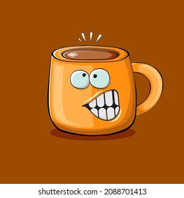 Vector cartoon coffee cup character with smiling faces isolated on brown background. Funky Kawaii orange coffee mug character. Good morning concept illustration 