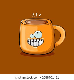 Vector cartoon coffee cup character with smiling faces isolated on brown background. Funky Kawaii orange coffee mug character. Good morning concept illustration 