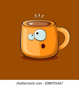 Vector cartoon coffee cup character with smiling faces isolated on brown background. Funky Kawaii orange coffee mug character. Good morning concept illustration 