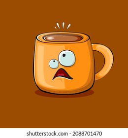 Vector cartoon coffee cup character with smiling faces isolated on brown background. Funky Kawaii orange coffee mug character. Good morning concept illustration 