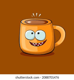 Vector cartoon coffee cup character with smiling faces isolated on brown background. Funky Kawaii orange coffee mug character. Good morning concept illustration 